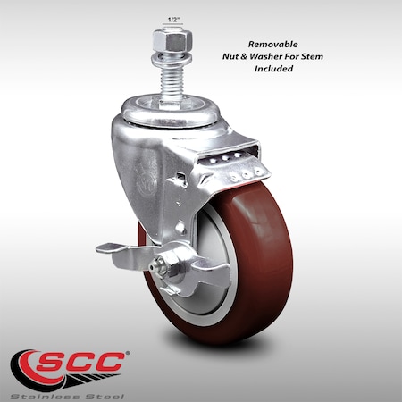Service Caster 4 Inch SS Maroon Polyurethane Swivel 1/2 Inch Threaded Stem Caster with Brake SCC SCC-SSTS20S414-PPUB-MRN-TLB-121315